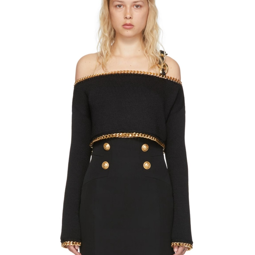 Chic Black Off-Shoulder Sweater with Gold Accents